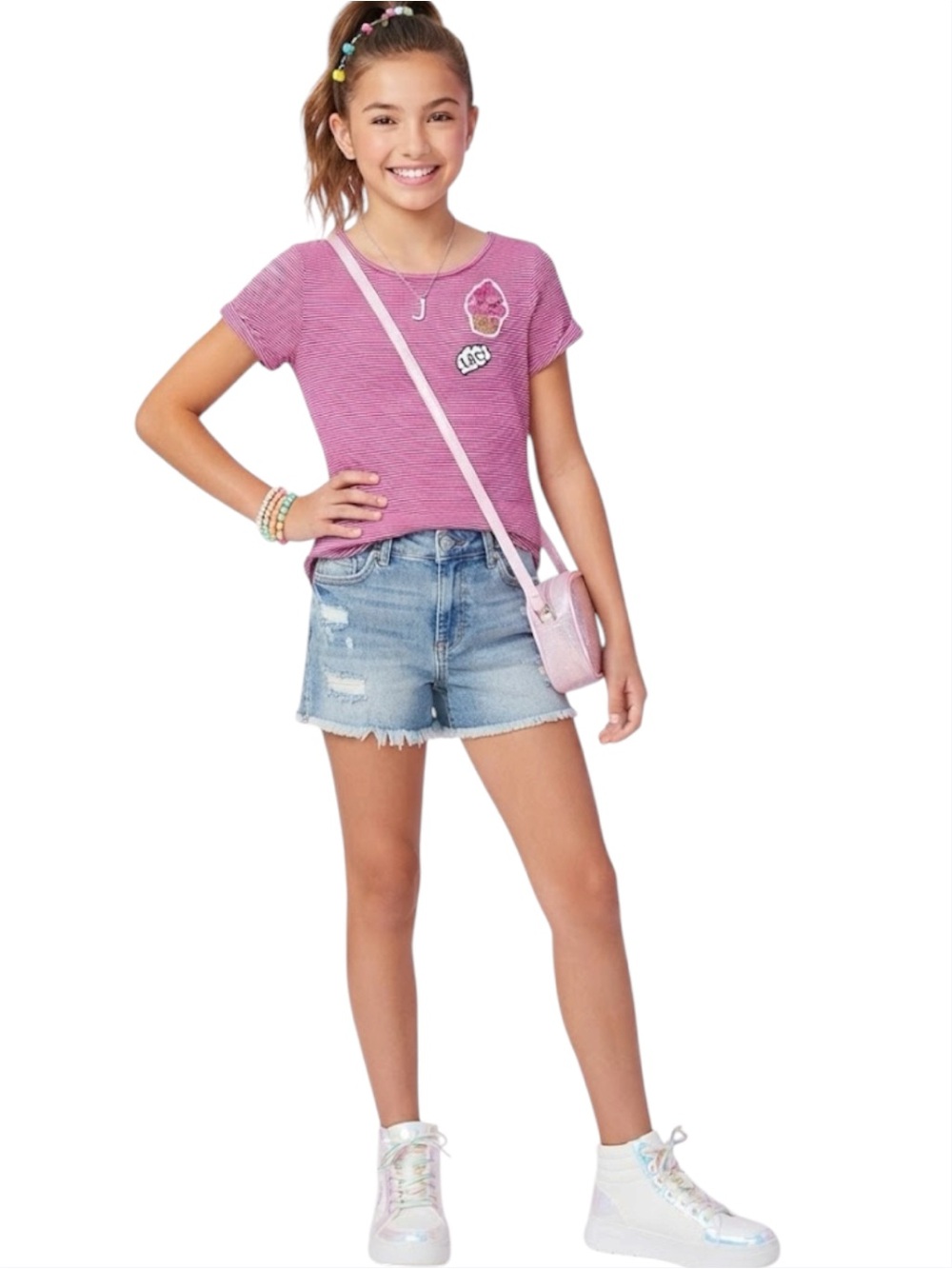 JUSTICE Kids LOL Ice Cream Sequin Striped Cap Sleeve Tee Pink Size 14
